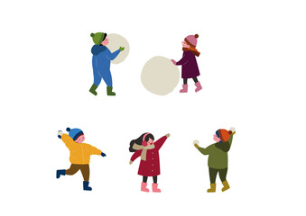 可愛い雪遊びをする子供たちのイラストセット