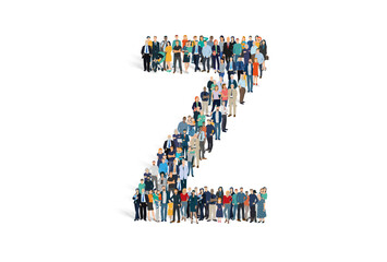 Illustration vectorielle représentant la lettre Z de l'alphabet constituée d'une foule de personnages d'âge, de races et de sexes différents