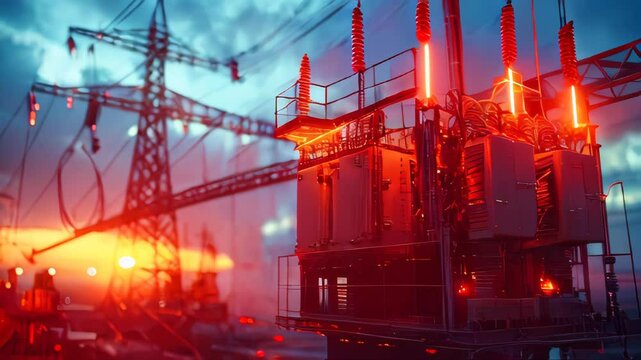 High-voltage transformer substation. Electrical equipment. Industrial background