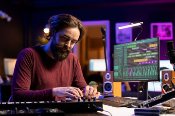Young artist recording piano synthesizer notes and editing on a mixing console in his home studio....