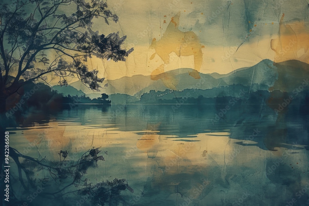 Poster a serene lake scene with a tree standing tall in the foreground