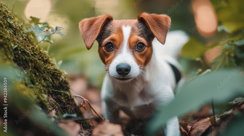 Sticker a small dog is standing in the woods looking at something, ai