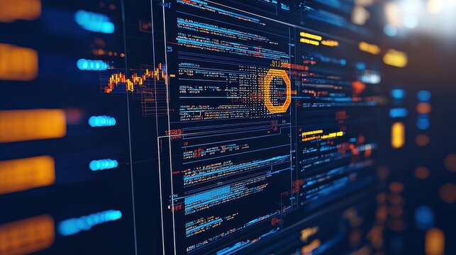 Abstract Digital Code Screen with Orange and Blue Lights