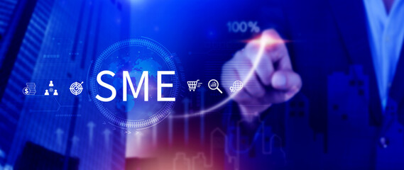 SME concept of business, Business, technology, internet and network concept, Virtual screen of the future and sees the inscription SME.