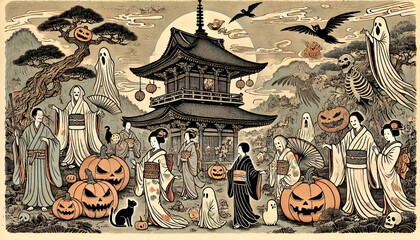 和風ハロウィン祭りの幽霊たち