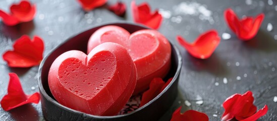 Two Red Soap In Heart Shape And A Little Soap In Heart Shape Full In A Box Of Heart Shape With Red Flower