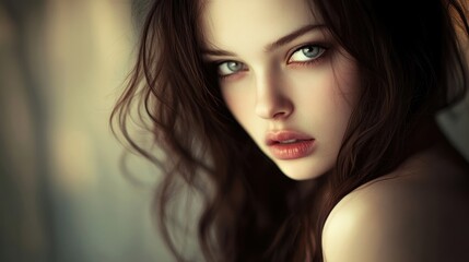 Fototapeta premium A woman with long brown hair posing for a picture, AI