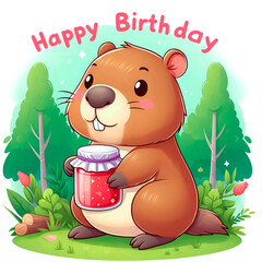 A postcard, a Capybara congratulates. A "happy birthday" greeting card.