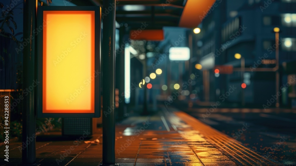 Aufkleber nighttime bus stop scene with a single yellow light shining, suitable for use in scenes of evening c