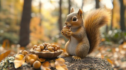 Fototapeta premium Cute Squirrel Eating Acorn in Autumn Forest
