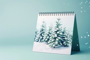 Snowy forest landscape with a calendar in the center
