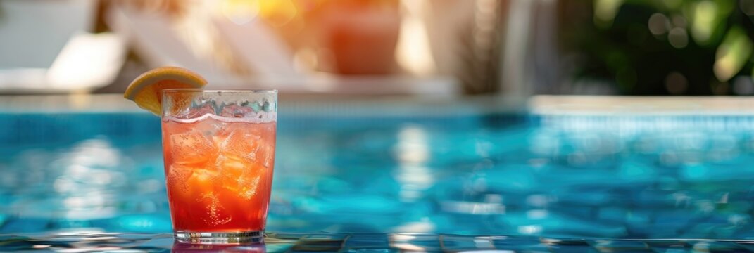 Close-up of a refreshing beverage beside a swimming pool