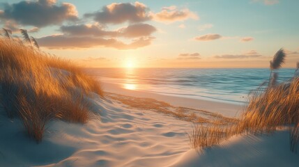 Golden Sunset Over Sandy Beach with Grass and Ocean Waves