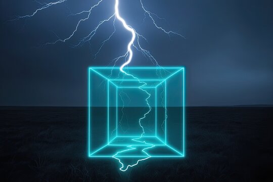 Electric Cyan Hologram with Lightning Arcs Against Dark Horizon Background