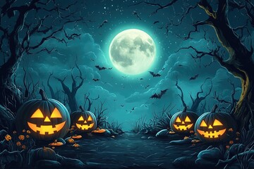 Fototapeta premium Halloween theme with pumpkins and dark forest. Scary Halloween design on table. Jack-o-lantern on the dark forest
