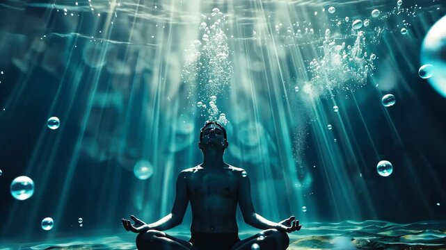 Deep beneath the waves, a figure sits in quiet meditation, surrounded by shimmering bubbles and ethereal light shafts filtering through the water. This peaceful moment reveals inner calm