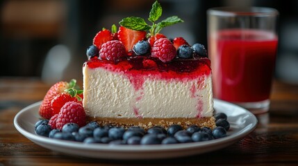 Cheesecake with Berries and Red Glaze on a White Plate