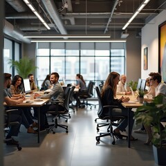 Fototapeta premium Photo-realistic image of a modern office environment with a diverse group of happy and engaged people working together.