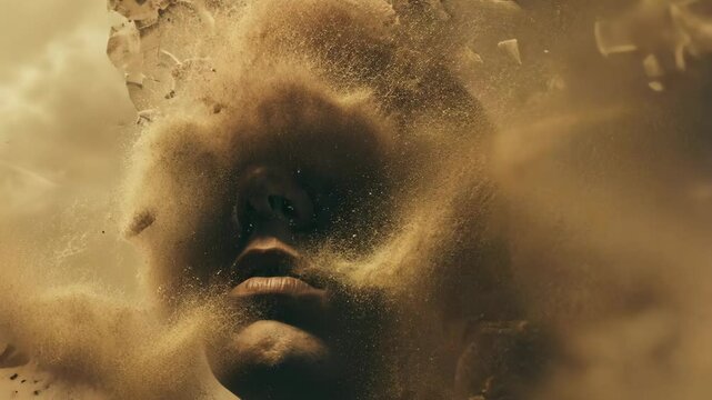 A captivating journey unfolds as a figure emerges from a swirling cloud of dust, representing the complexity of thought and identity in a dreamlike environment