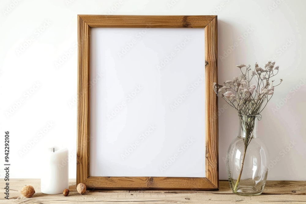 Poster a picture frame sits on top of a wooden table, ready for display