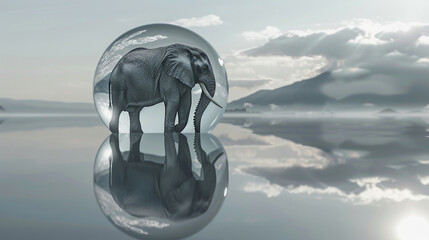 Surreal image of an elephant encapsulated in a glass sphere, floating on calm reflective water beneath a cloudy sky.
