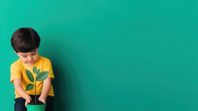 Child planting a tree, green future, flat design illustration