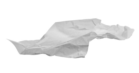 White crumpled paper flying, sheet falls and twists isolated on white, clipping path