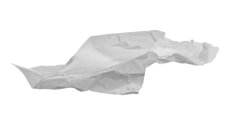 White crumpled paper flying, sheet falls and twists isolated on white, clipping path