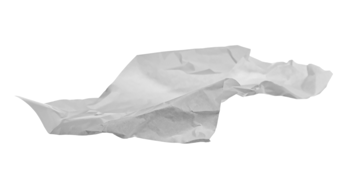 White crumpled paper flying, sheet falls and twists isolated on white, clipping path