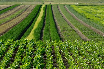 Drone view of crop rotation patterns, showcasing sustainable farming practices.