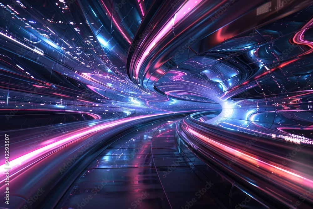 Poster A train passing through a brightly lit tunnel, ideal for use in travel or infrastructure related projects