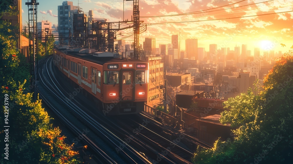 Wall mural anime city landscape with train