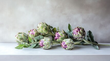 Artichoke flowers on a white table charm with green leaves and purple petals in soft lighting.
