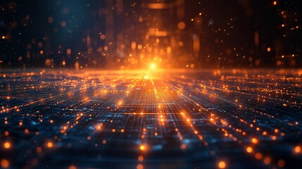 Abstract Digital Network with Glowing Orange Lights