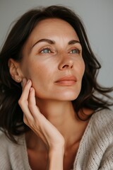 Portrait of middle aged woman with opened eyes and beautiful healthy skin. Close-up portrait over grey background. Psychology and feminine health concept.
