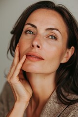 Portrait of happy 40 years old woman with opened eyes and beautiful healthy skin. Close-up portrait over grey background. Psychology and feminine health concept.