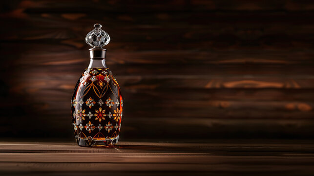 a luxurious fernet bottle with an intricate, transparent design, placed against a dark wooden background