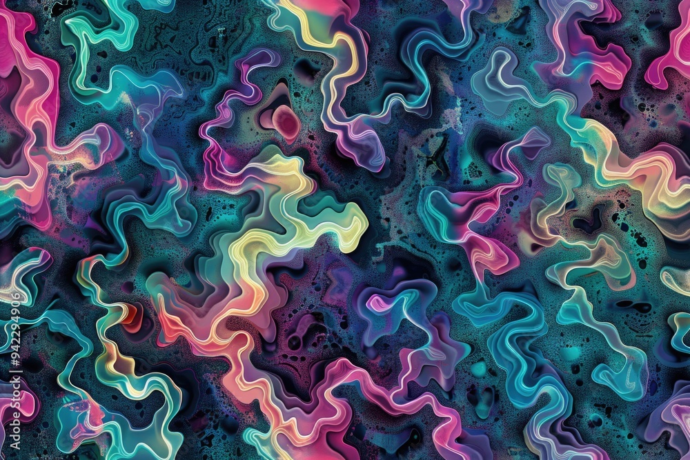 Poster colorful abstract art on a black background with vibrant colors and shapes