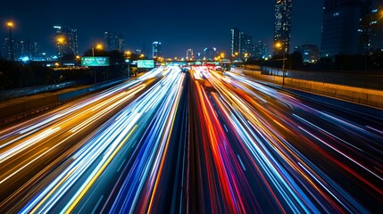 Fototapeta premium A vibrant night scene capturing light trails from moving vehicles on a busy highway.