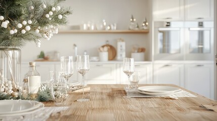Festive Christmas Table Setting with Pine Branches  Plates  and Wine Glasses