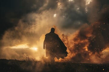 A person wearing a cape stands in a green field, possibly for a costume or superhero theme