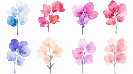 Watercolor Floral Delights: A delicate collection of eight watercolor floral sprigs in various pastel hues, perfect for adding a touch of elegance and whimsy to your designs.  