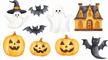 Fototapeta premium Halloween Watercolor Clipart: Spooky and charming, this set of watercolor illustrations features ghosts, bats, pumpkins, and a haunted house. Perfect for creating festive Halloween decorations, invita