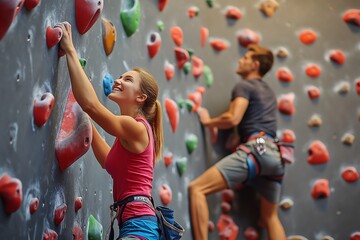Fototapeta premium fitness, extreme sport and healthy lifestyle concept - young man and woman bouldering on a rock climbing wall at indoor gym