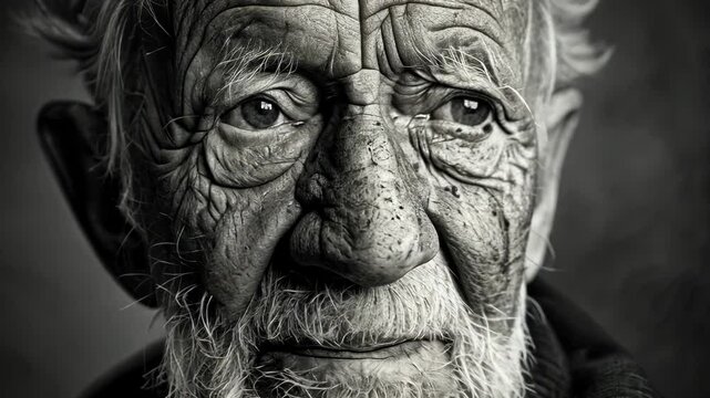 An elderly man gazes thoughtfully into the distance, his face telling a story of years lived, with deep wrinkles and a gentle expression reflecting wisdom and experience