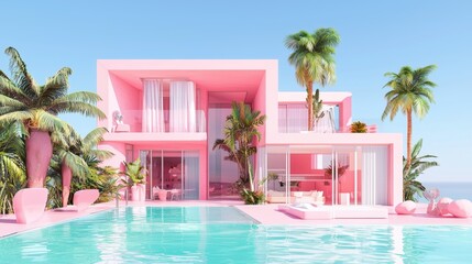Fototapeta premium Pink Modern Villa with Swimming Pool and Palm Trees
