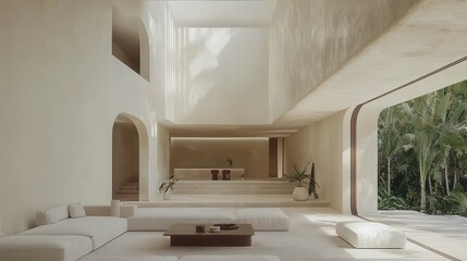 Minimalist Modern Living Room with Archway and Tropical View