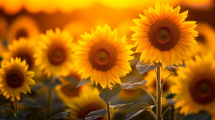 Fototapeta premium Sunflowers Standing Tall Under Warm Golden Sunset in Vast Field