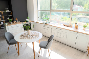 Interior of kitchen with counter and dining table with plant