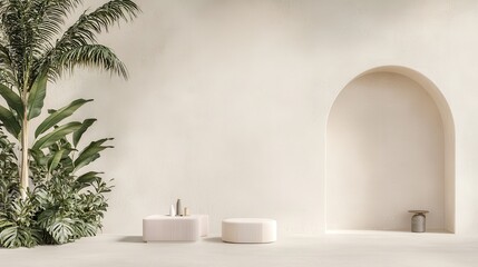 Modern Minimalist Interior Design with Tropical Plants and White Arch